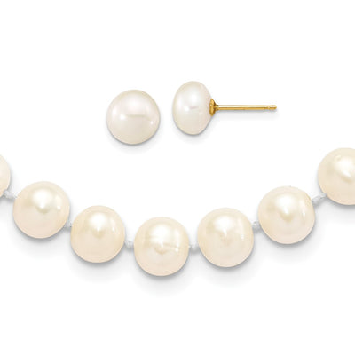 14K White Near-Round Freshwater Cultured Pearl with Extension Necklace and Button Earrings Set