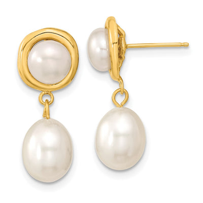 14K White Button and Rice Freshwater Cultured Pearl Post Dangle Earrings