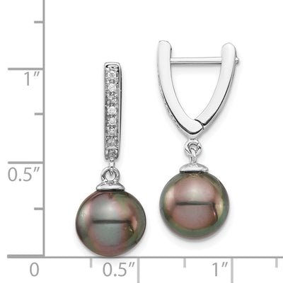 14K White Gold Black Round Tahitian Saltwater Cultured Pearl and .10 Carat Diamond Dangle Earrings