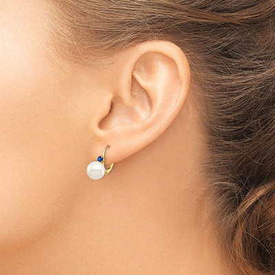 14K White Round Freshwater Cultured Pearl and .18SA Sapphire Leverback Earrings
