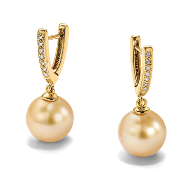 14K Round Golden South Sea Saltwater Cultured Pearl and .105 Carat Diamond Dangle Earrings
