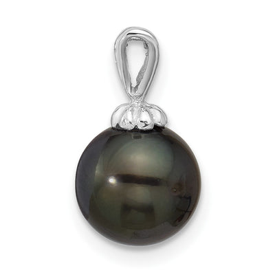 14K White Gold Round Black Tahitian Saltwater Cultured Pearl Pendant, 15 x 8.6mm