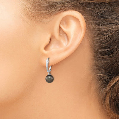 14K White Gold Black Round Tahitian Saltwater Cultured Pearl and .02 Carat Diamond Leverback Dangle Earrings
