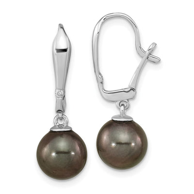 14K White Gold Black Round Tahitian Saltwater Cultured Pearl and .02 Carat Diamond Leverback Dangle Earrings