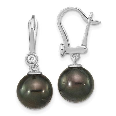 14K White Gold Black Round Tahitian Saltwater Cultured Pearl and .10 Carat Diamond Leverback Dangle Earrings
