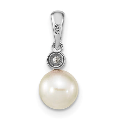14K White Gold Round White Akoya Saltwater Cultured Pearl and .05 Carat Diamond Pendant