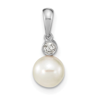14K White Gold Round White Akoya Saltwater Cultured Pearl and .05 Carat Diamond Pendant