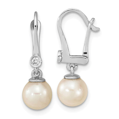 14K White Gold White Round Akoya Saltwater Cultured Pearl and .05 Carat Diamond Dangle Earrings
