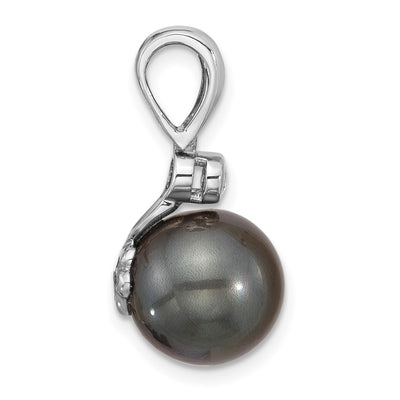 14K White Gold Black Round Tahitian Saltwater Cultured Pearl and .05 Carat Diamond Pendant