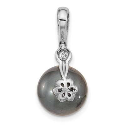 14K White Gold Black Round Tahitian Saltwater Cultured Pearl and .05 Carat Diamond Pendant