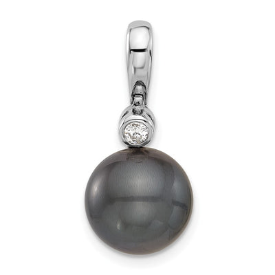 14K White Gold Black Round Tahitian Saltwater Cultured Pearl and .05 Carat Diamond Pendant