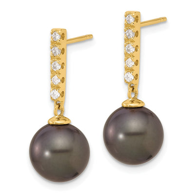 14K Black Round Tahitian Saltwater Cultured Pearl and .20 Carat Diamond Post Dangle Earrings