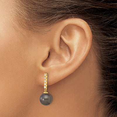 14K Black Round Tahitian Saltwater Cultured Pearl and .20 Carat Diamond Post Dangle Earrings