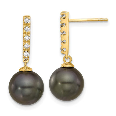14K Black Round Tahitian Saltwater Cultured Pearl and .20 Carat Diamond Post Dangle Earrings