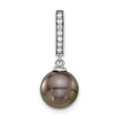14K White Gold Black Round Tahitian Saltwater Cultured Pearl and .07 Carat Diamond Dangle Chain Slide