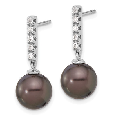 14K White Gold Black Round Tahitian Saltwater Cultured Pearl and .20c Carat Diamond Post Dangle Earrings