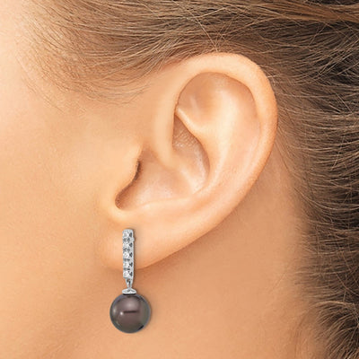 14K White Gold Black Round Tahitian Saltwater Cultured Pearl and .20c Carat Diamond Post Dangle Earrings