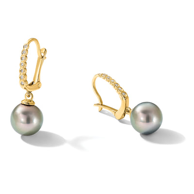 14K Black Round Tahitian Saltwater Cultured Pearl and .07 Carat Diamond Leverback Dangle Earrings