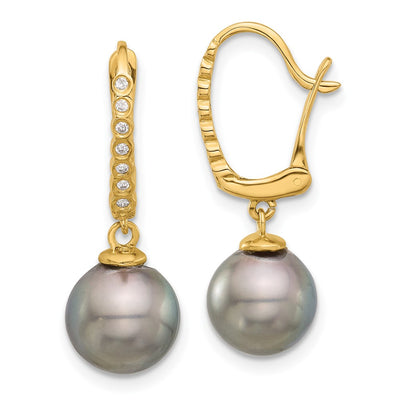 14K Black Round Tahitian Saltwater Cultured Pearl and .07 Carat Diamond Leverback Dangle Earrings