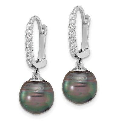 14K White Gold Black Round Tahitian Saltwater Cultured Pearl and .07 Carat Diamond Leverback Dangle Earrings