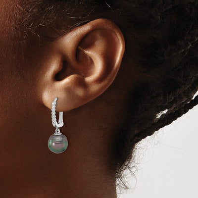 14K White Gold Black Round Tahitian Saltwater Cultured Pearl and .07 Carat Diamond Leverback Dangle Earrings