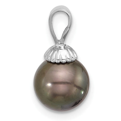 14K White Gold Round Black Tahitian Saltwater Cultured Pearl Pendant, 16.5 x 8.75mm