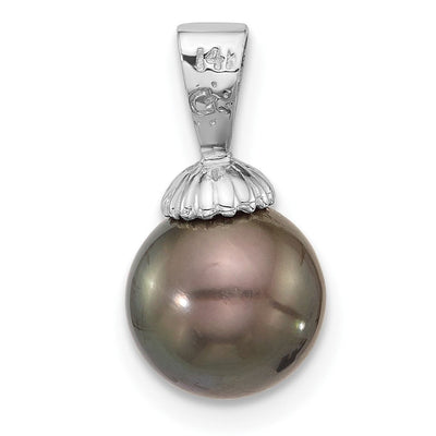 14K White Gold Round Black Tahitian Saltwater Cultured Pearl Pendant, 16.5 x 8.75mm
