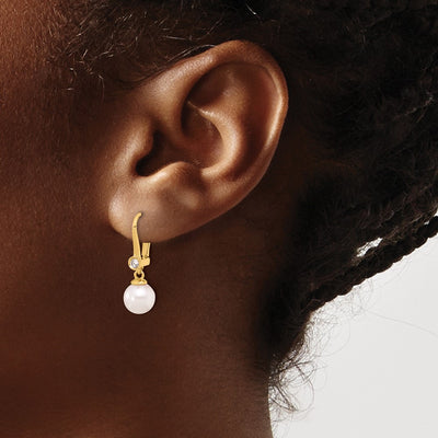 14K White Round Akoya Saltwater Cultured Pearl and .10 Carat Diamond Dangle Earrings