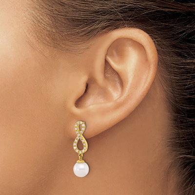 14K White Round Akoya Saltwater Cultured Pearl and .40 Carat Diamond Infinity Post Dangle Earrings