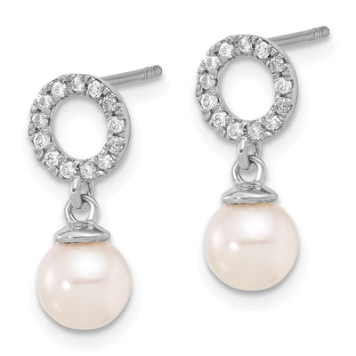 14K White Gold White Round Akoya Saltwater Cultured Pearl and .20 Carat Diamond Post Dangle Earrings