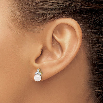 14K White Round Freshwater Cultured Pearl and .06 Carat Diamond Post Earrings