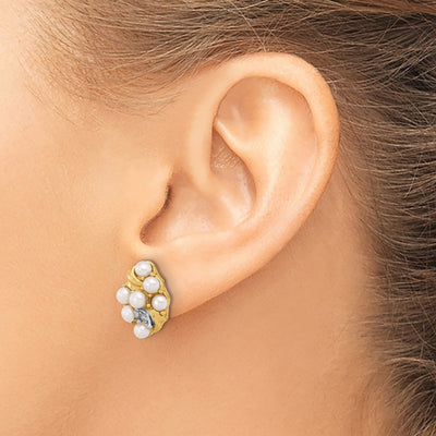 14K White Button Freshwater Cultured Pearl and .02 Carat Diamond Post Earrings