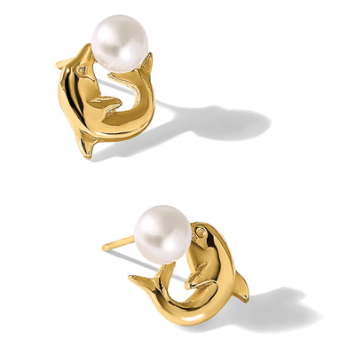 14K White Button Freshwater Cultured Pearl Dolphin Post Earrings