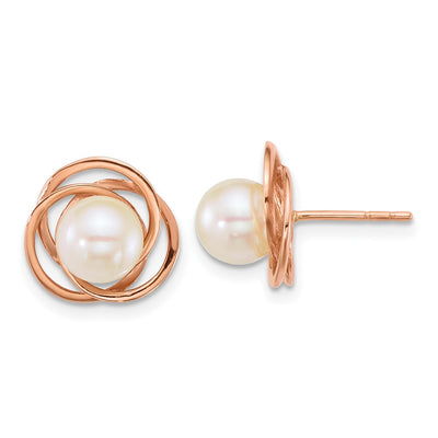 14K Rose Gold Polished Round White South Sea Saltwater Cultured Pearl Love Knot Post Earrings