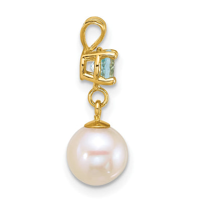 14K Polished Round White Freshwater Cultured Pearl Dangle and Blue Topaz Pendant