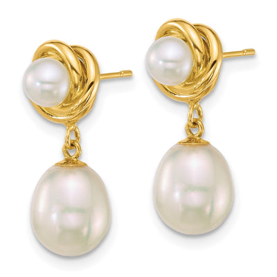 14K Polished Button and Rice White Freshwater Cultured Pearl Dangle Post Earrings