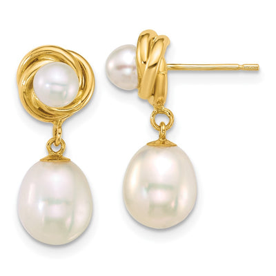 14K Polished Button and Rice White Freshwater Cultured Pearl Dangle Post Earrings