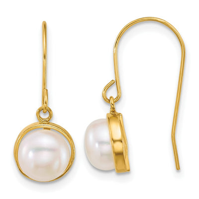 14K Polished Button White Freshwater Cultured Pearl Dangle Shepherd Hook Earrings