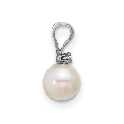 14K White Gold White Round Akoya Saltwater Cultured Pearl and .01 Carat Diamond Pendant