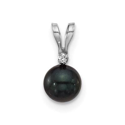 14K White Gold Black Round Akoya Saltwater Cultured Pearl and .01 Carat Diamond Pendant