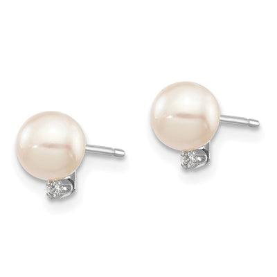 14K White Gold White Round Akoya Saltwater Akoya and .02 Carat Diamond Earrings