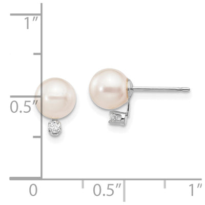 14K White Gold White Round Akoya Saltwater Cultured Pearl and .06 Carat Diamond Post Earrings