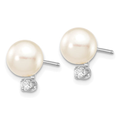 14K White Gold White Round Akoya Saltwater Cultured Pearl and .10 Carat Diamond Post Earrings