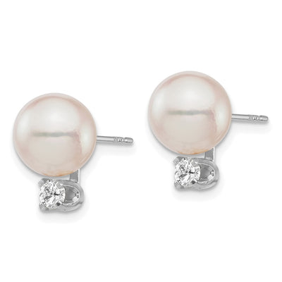14K White Gold White Round Akoya Saltwater Cultured Pearl and .20 Carat Diamond Post Earrings
