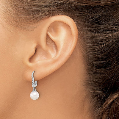 14K White Gold White Round Akoya Saltwater Cultured Pearl and .085 Carat Diamond Dangle Earrings