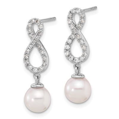 14K White Gold White Round Akoya Saltwater Cultured Pearl and .40 Carat Diamond Infinity Post Dangle Earrings