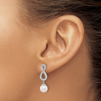 14K White Gold White Round Akoya Saltwater Cultured Pearl and .40 Carat Diamond Infinity Post Dangle Earrings