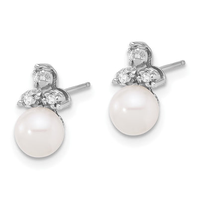 14K White Gold White Round Freshwater Cultured Pearl .06 Carat Diamond Post Earrings