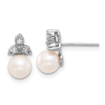 14K White Gold White Round Freshwater Cultured Pearl .06 Carat Diamond Post Earrings
