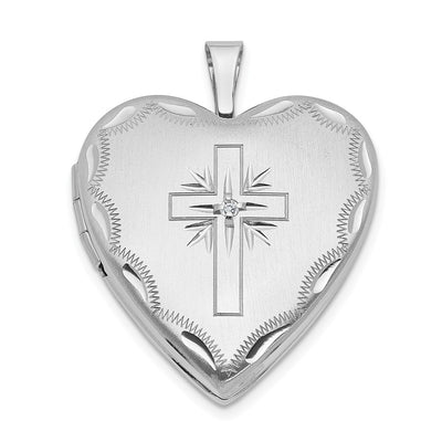14K White Gold Diamond Satin and Diamond-cut Cross Heart Locket